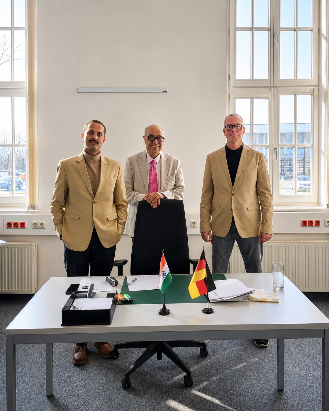Rohit Nayar interpreting at a German-Indian meeting, with the table flags of India and Germany